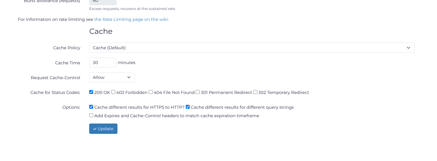 Saved cache lifetime and cache-key options for static assets