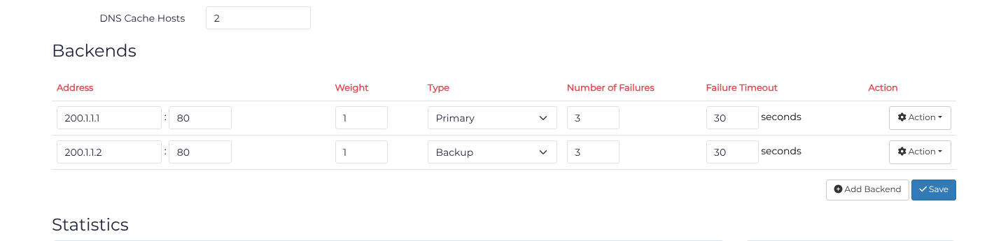 Primary and backup backend addresses with failure thresholds