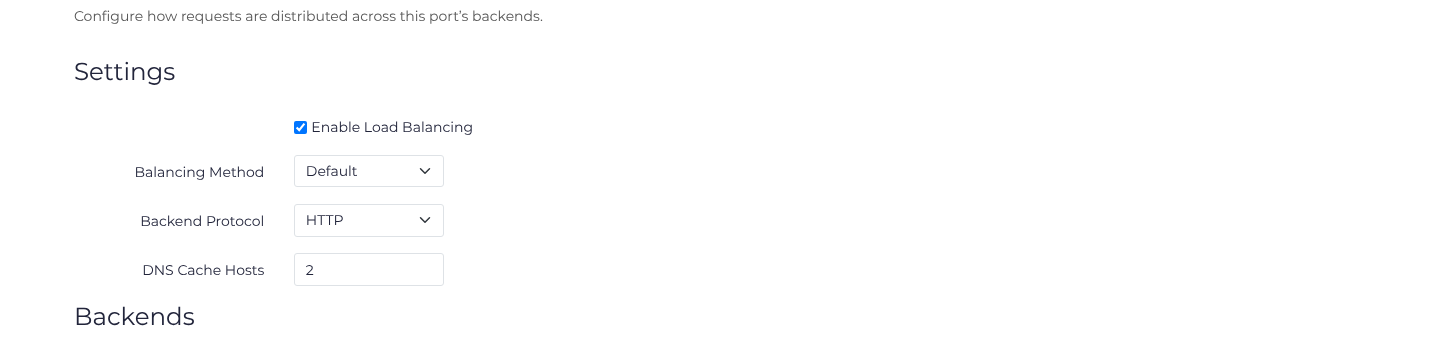Load balancing enabled with Default method and HTTP backends