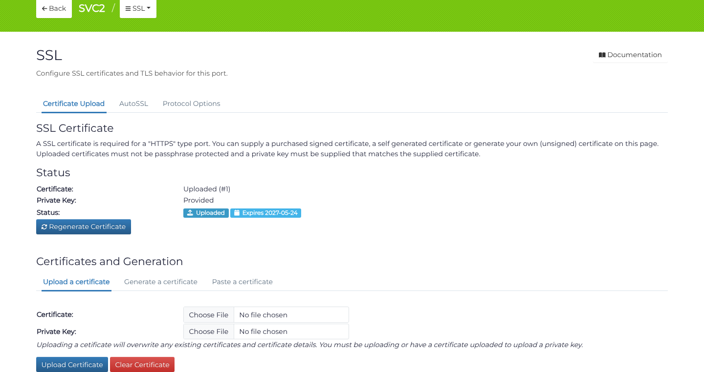 Uploaded HTTPS certificate, supplied private key and expiry status