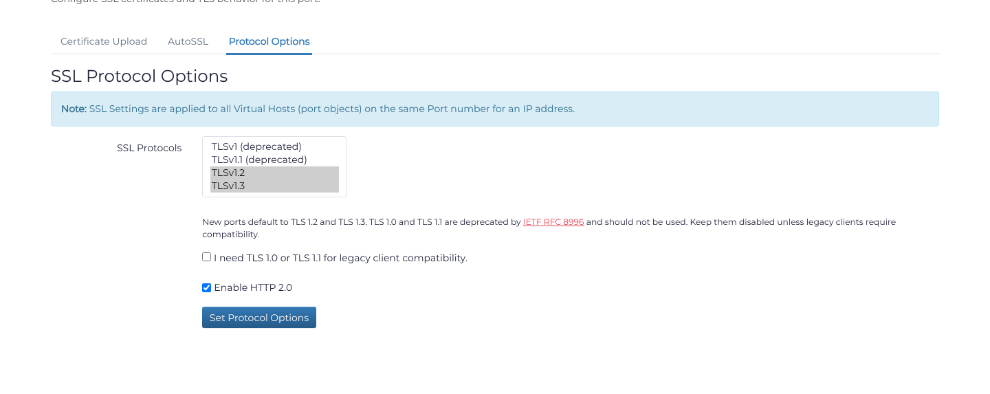 Modern TLS versions selected with legacy compatibility left disabled