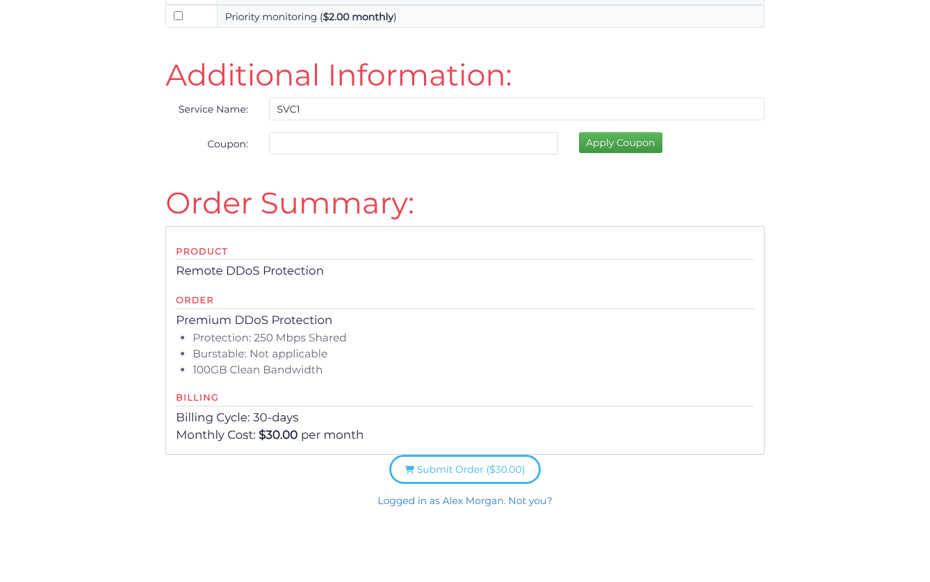 Checkout with the service name, protection package and order summary