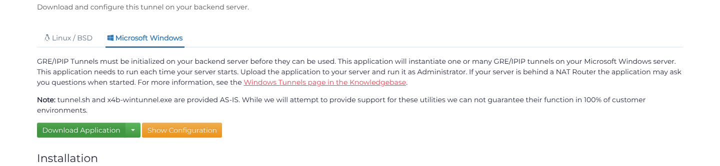 Tunnel setup page with operating-system download choices