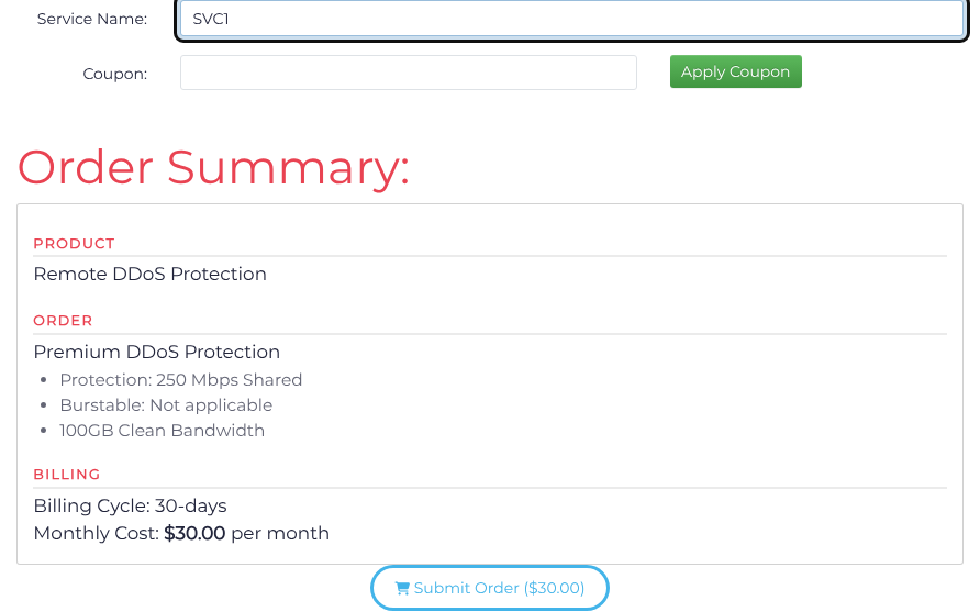 Checkout with the service name, protection package and order summary