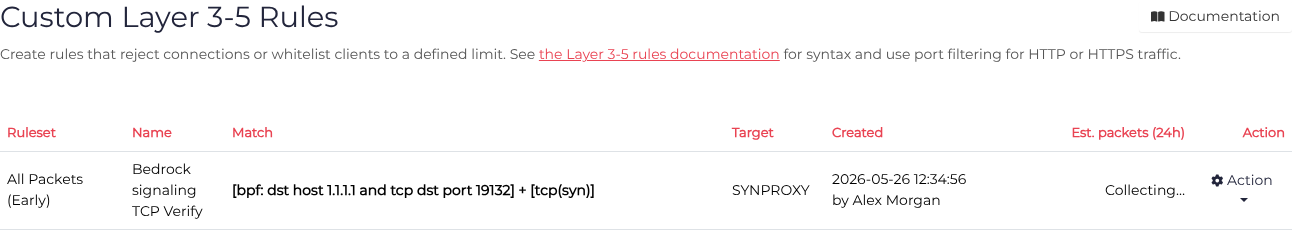 TCP Verify rule for the Bedrock signaling endpoint