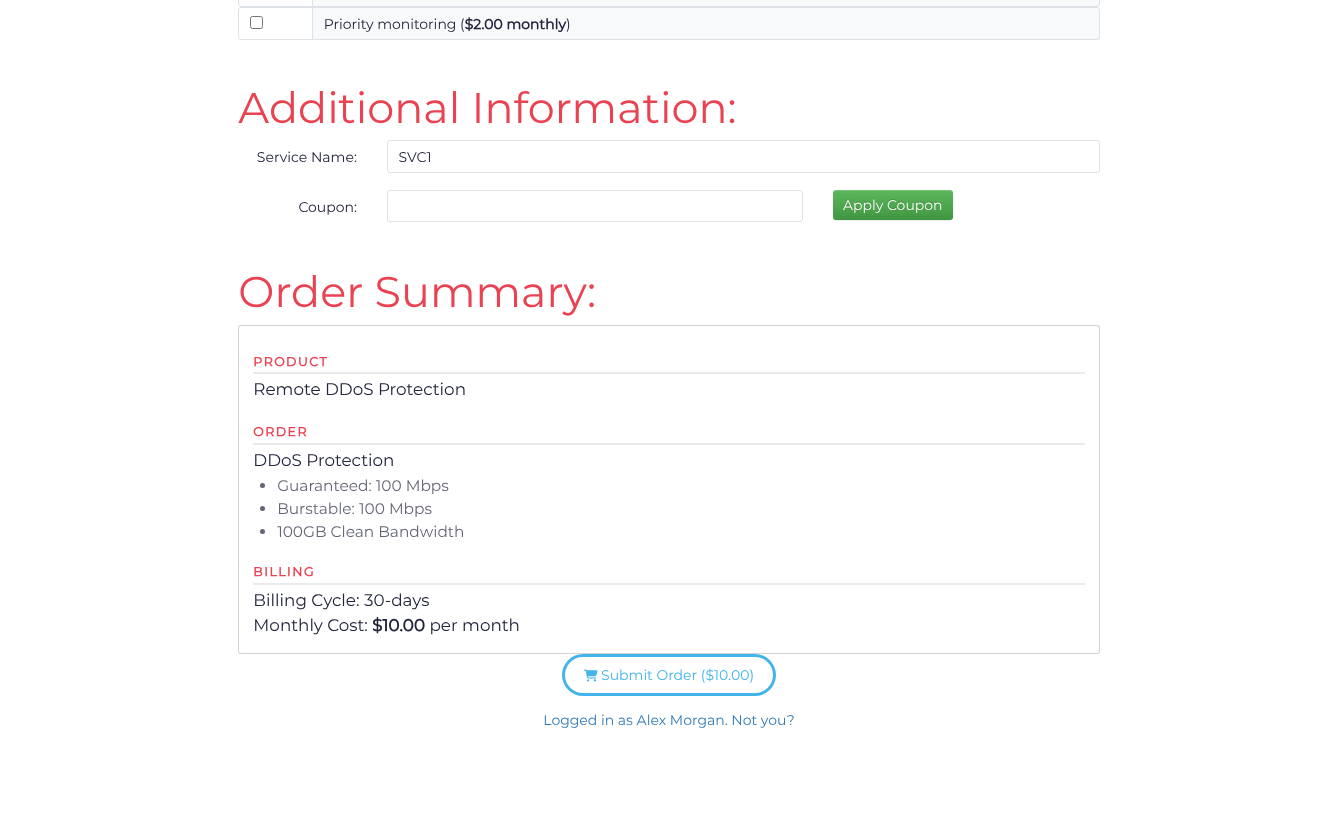 Checkout with the service name, protection package and order summary