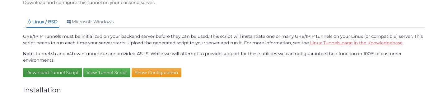 Tunnel setup page with operating-system download choices