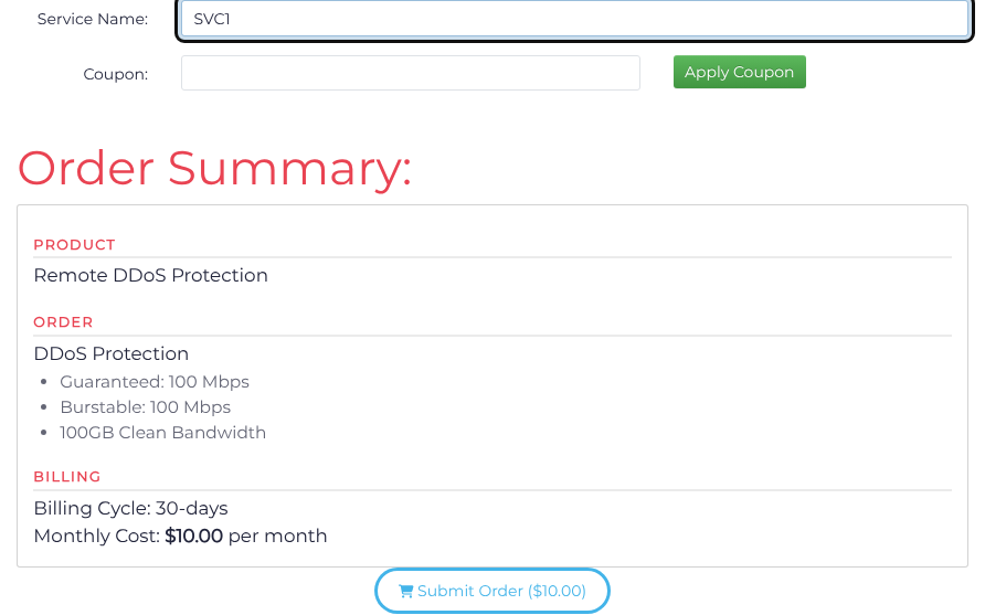 Checkout with the service name, protection package and order summary